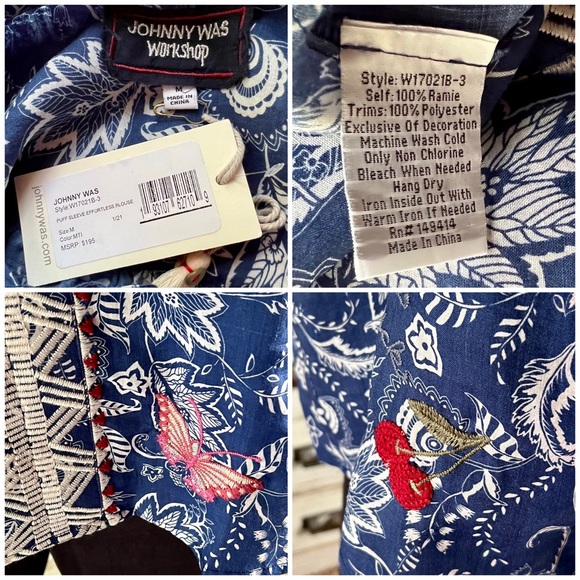 Johnny Was Effortless Puffed Sleeve Blue Embroidered Blouse NWT New M - Picture 14 of 15